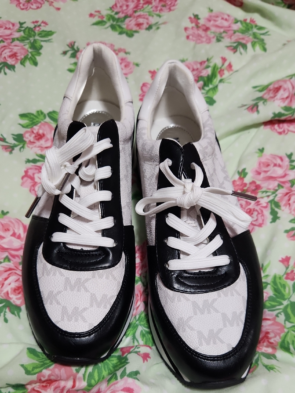 Michael Kors White and Black Monogram Lace-Up Sneakers